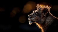 Majestic lioness wearing golden crown against dark background with bokeh lights, side profile view showing royal and powerful expression in warm lighting.