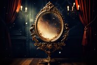 Ornate vintage golden mirror with baroque frame standing in dark mysterious room with red curtains and floating magical sparkles, creating mystical atmosphere.