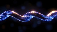 Glowing blue and gold particles forming elegant wave pattern against dark background, magical sparkle effect with bokeh lights creates ethereal atmosphere.