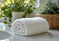 Rolled white fluffy towel on marble surface with green plants in background, creating serene spa-like atmosphere for wellness and relaxation content.