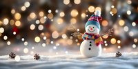Cheerful snowman with twig arms wearing knitted hat and scarf on snowy surface against blurred festive bokeh lights background.