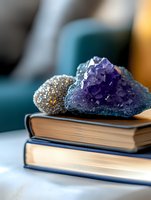 Purple amethyst crystal cluster and decorative silver ball resting on stack of vintage books with blue covers against soft blurred background, creating serene home decor setting.