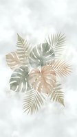 Watercolor tropical leaves arrangement with monstera and palm fronds in soft neutral tones on textured background for modern botanical decor.