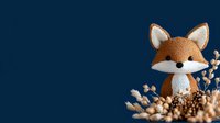 Adorable brown fox plush toy character with white chest and pointed ears sitting among dried floral branches against dark blue background. Cozy nursery decor element.
