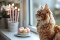 Fluffy ginger cat sitting by window near lit birthday candles and colorful macarons, celebrating pet birthday party indoors.