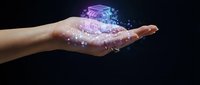 Caucasian hand holding glowing purple holographic truck with digital particles floating above palm against black background, representing logistics technology and innovation.