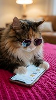 Fluffy tabby and white cat wearing sunglasses lying on pink carpet with smartphone, indoor home setting with warm lighting for humorous pet lifestyle content.