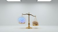 Digital brain network on golden scales against coins representing artificial intelligence versus traditional finance balance in modern office setting.