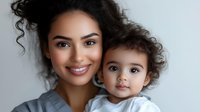 Young Hispanic mother and toddler daughter with curly dark hair and matching smiles pose together against light background, expressing joy and family bonding.