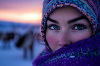 Middle Eastern woman in traditional hijab with striking blue eyes against winter sunset background, wrapped in purple scarf, snow-covered landscape behind her.