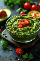 Fresh guacamole dip with diced tomatoes, cilantro and spices in glass bowl, served with avocado halves and cherry tomatoes on dark background.
