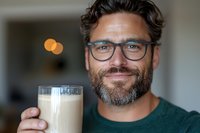Smiling bearded Caucasian man in glasses and green sweater holding glass of fresh smoothie or protein shake against blurred background with bokeh lights.