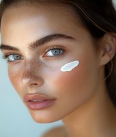 Young woman with natural freckles and bright blue eyes wearing minimal makeup, with white moisturizer cream on cheek against light blue background.