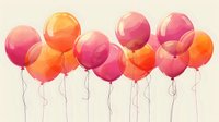 Festive pink and orange watercolor balloons floating in a row against light beige background, creating cheerful party atmosphere with delicate strings trailing below.
