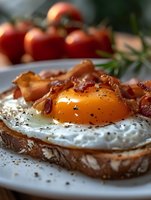 Crispy bacon and fried egg on toasted bread with fresh tomatoes in background, hearty breakfast meal ready to serve for morning dining and cooking content.