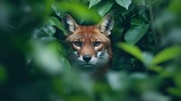 Wild red fox with piercing eyes peering through dense green foliage in forest habitat, creating mysterious wildlife atmosphere.