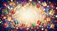 Festive holiday background with colorful wrapped gift boxes, golden bokeh lights, and snowflakes arranged in circular frame around bright center space for seasonal promotions and celebrations.