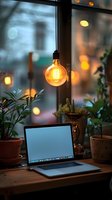 Cozy workspace with vintage Edison bulb hanging above laptop on wooden desk surrounded by houseplants, window with bokeh lights in background.