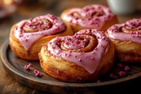 Fresh baked cinnamon rolls with pink raspberry glaze and sprinkles on rustic wooden plate, close up view of sweet pastry dessert in warm lighting.