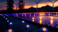 Solar panels illuminated at dusk with wind turbines silhouetted against dramatic sunset sky, glowing lights creating magical bokeh effect across renewable energy farm.