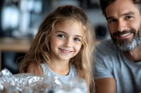 Happy young blonde girl and bearded father smiling together in modern kitchen during family bonding time at home.