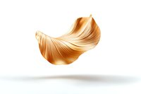 Floating golden leaf-shaped curl of silky smooth hair strand isolated on white background, showcasing luxurious healthy shine and movement in beauty concept.