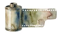 Vintage film roll canister with unspooled 35mm negative strip showing weathered metal texture and aged patina, suitable for photography, nostalgia, and retro design projects.
