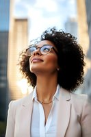 Young African American businesswoman with natural curly hair and glasses looking up with hopeful expression against urban skyscrapers background in warm sunlight.