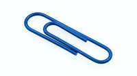 Blue metal paper clip isolated on white background, office supply for organizing documents and papers.