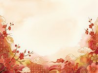 Lunar new year background with red and gold decorative elements, flowering branches, and traditional ornamental patterns on cream backdrop for holiday designs.