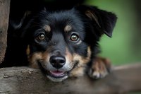 Close up portrait of smiling black and tan mixed breed dog with bright eyes resting head on wooden surface against blurred green background.