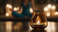 Glowing candle in cognac glass creates romantic atmosphere with blurred meditation silhouette and candlelight bokeh in background. Cozy evening ambiance.