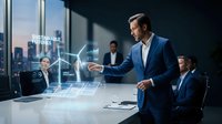 Professional businessman presenting sustainable business strategy with holographic interface in modern corporate boardroom during evening meeting.