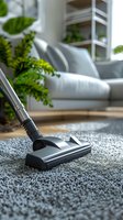 Modern vacuum cleaner head on gray carpet in bright living room with white furniture and green plants, showing home cleaning and maintenance.