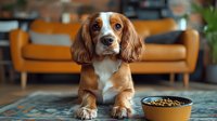 Adorable brown and white Cocker Spaniel puppy lying on carpet near food bowl at home, looking up with expressive eyes and floppy ears.