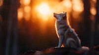 Fluffy cat sitting outdoors during golden hour sunset with warm bokeh lights in background creating peaceful atmospheric mood for pet and nature content.