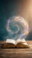 Open book with magical glowing feathers swirling above on wooden table against starry cosmic background for fantasy storytelling and education concepts.