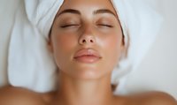 Young woman with glowing skin relaxing at spa treatment, wearing white towel on head, eyes closed in serene expression, wellness and skincare concept.