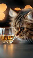 Curious tabby cat sniffing glass of wine with golden bokeh lights in background, macro shot showing amber eye detail and whiskers in warm evening atmosphere.