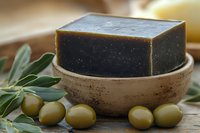Handmade olive oil soap bar in rustic ceramic bowl with fresh green olives and olive branches on wooden surface, natural skincare concept.