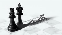 Black chess pieces, king and queen, casting shadows on financial newspaper, symbolizing strategy, investment decisions, and business leadership in stock market planning.