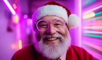 Cheerful Santa Claus with glasses and white beard smiling against vibrant neon purple background with colorful bokeh lights and dynamic motion blur effects.