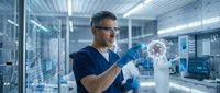 Middle-aged Caucasian male scientist in protective eyewear and blue gloves examining molecular structure model in modern laboratory facility.