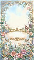 Watercolor floral frame with gold ornaments, birds, roses, and lavender, featuring a blank ribbon banner for custom text.