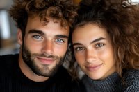 Young couple with curly hair embracing and smiling at camera in cozy indoor setting. Romantic relationship, love, togetherness and happiness concept.