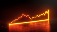 Glowing neon yellow financial chart graph showing upward market trend on dark reflective surface with dramatic lighting and perspective view.
