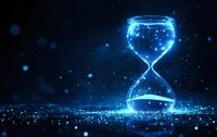 Glowing blue hourglass with flowing particles against dark background, symbolizing time passage and digital transformation in business concepts.