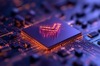 Glowing microprocessor on circuit board with purple and blue lighting effects creates futuristic technology mood. Electronic components in macro view.
