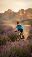 Male cyclist riding mountain bike through purple lavender field at sunset with dramatic mountain backdrop creating dust trail during outdoor adventure.