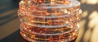 Stacked glass petri dishes with glowing orange circuit patterns, illuminated by warm sunlight, symbolizing biotechnology and digital science fusion.